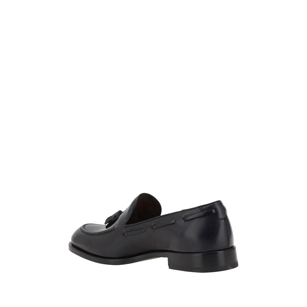 Fratelli Rossetti Black Calf Leather Bos Taurus Slip-On Loafers with tassels and leather block heel, side view