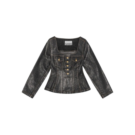 GANNI Jackets Black denim cotton blazer with peplum waist, front button fastening, and chest flap pockets.