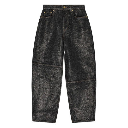 GANNI Jeans Black, organic cotton denim with front button fastening and classic five pockets, displayed flat.
