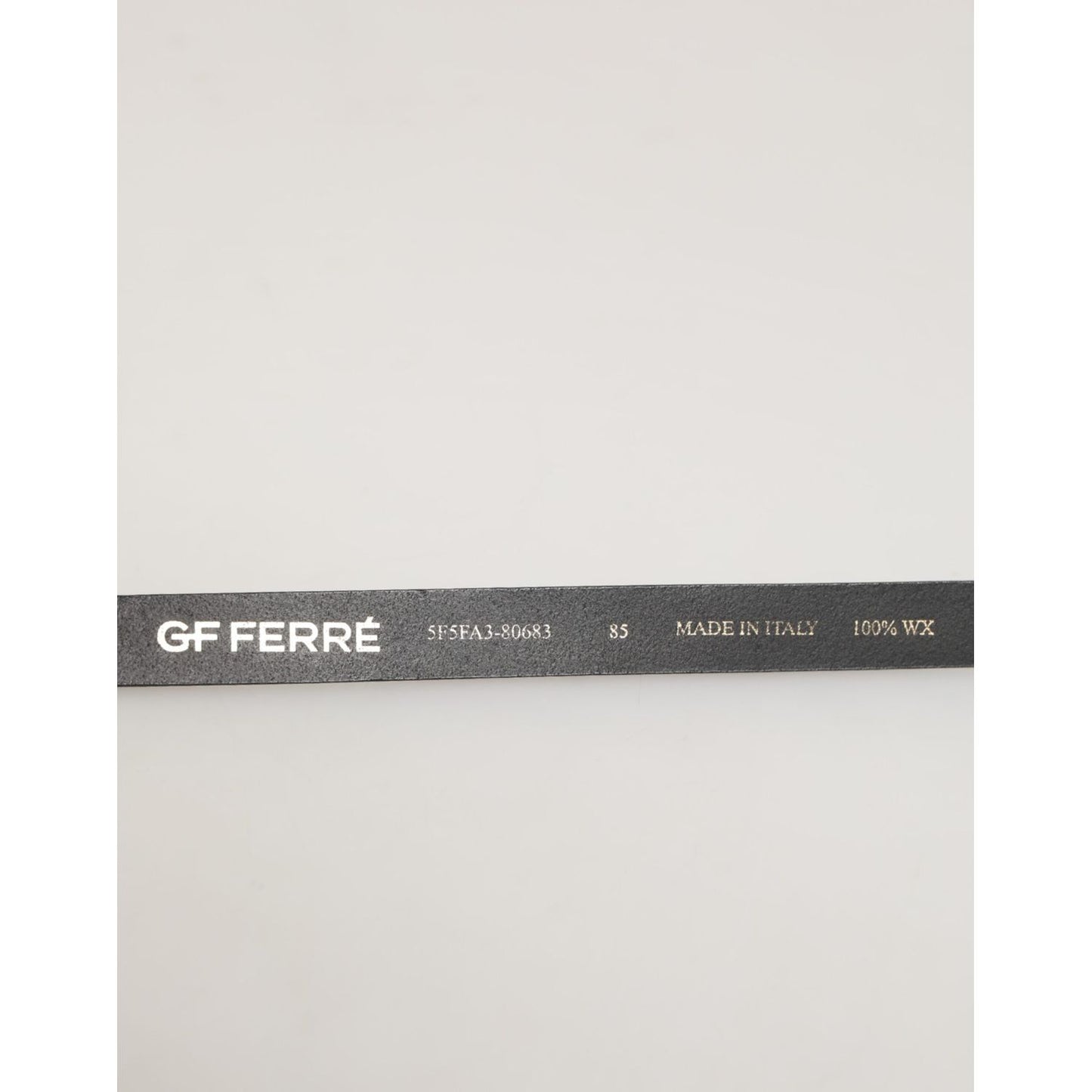 Close-up of GF Ferre Black Leather Slim Gold Tone Buckle Waist Men Belt showing logo and size details.