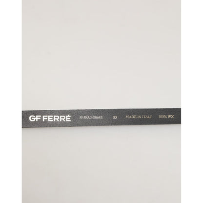 Close-up of GF Ferre Black Leather Slim Gold Tone Buckle Waist Men Belt showing logo and size details.