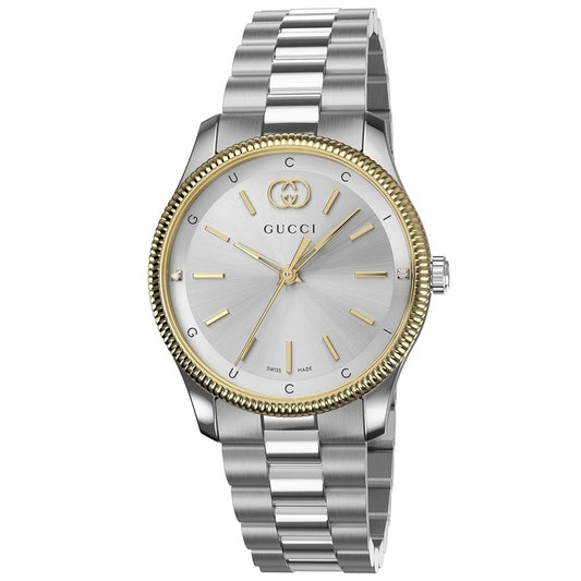 Luxury watch GUCCI MOD. YA1265063 with silver and gold detailing, featuring a stainless steel bracelet.