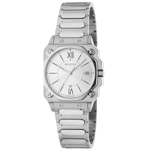 GUCCI Mod. G-FLAT luxury watch with silver bracelet and Roman numerals on dial, elegant design for modern style enthusiasts.