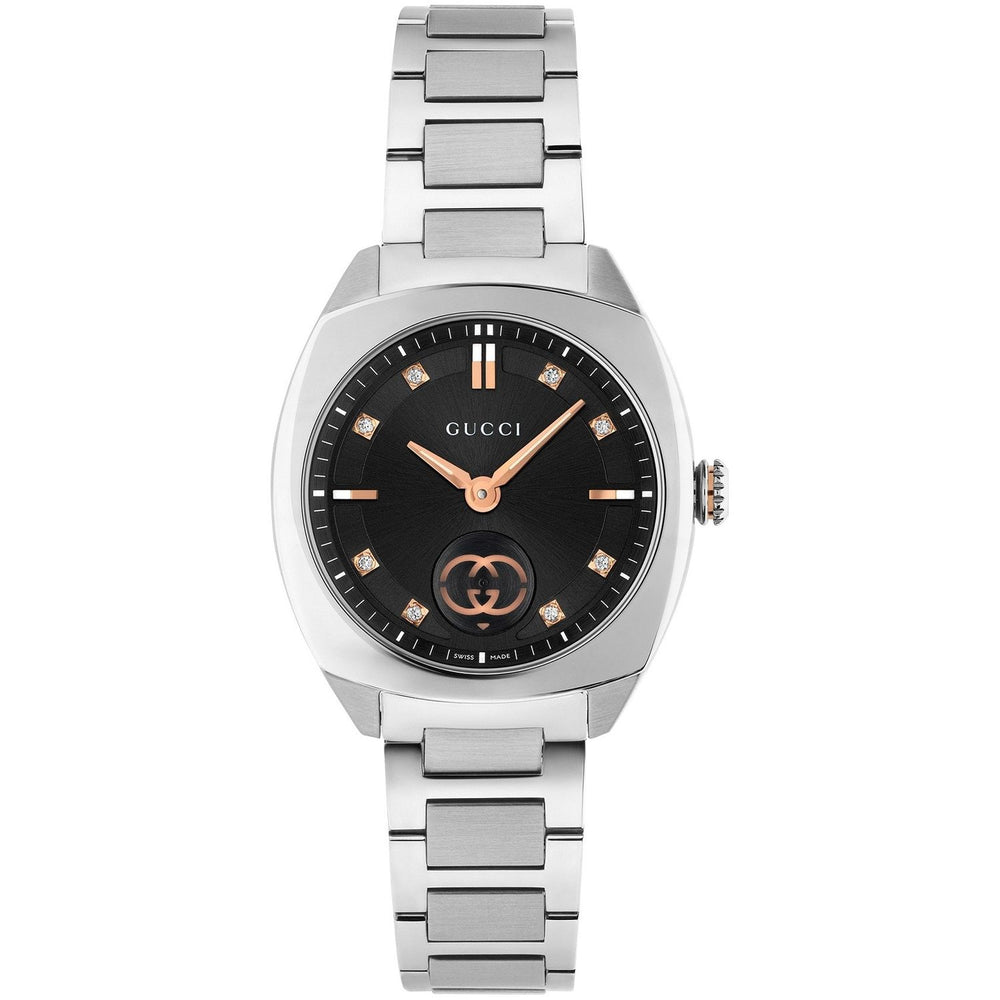 GUCCI Mod. INTERLOCKING luxury watch with black dial and silver bracelet