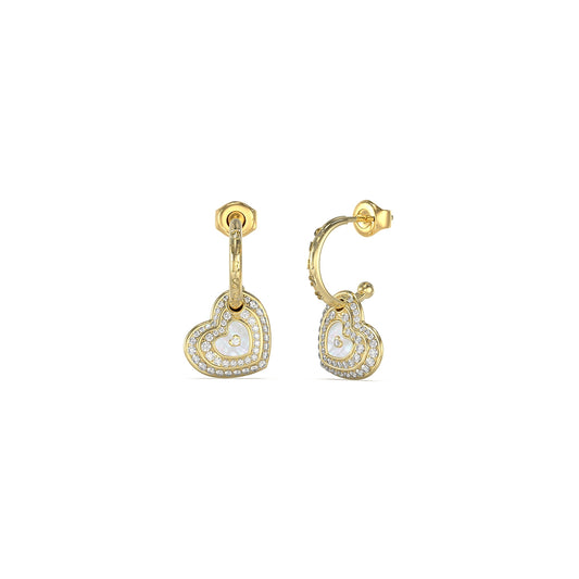 GUESS JEWELS JEWELRY Mod. JUBE04019JWYGWHT-U gold heart-shaped earrings with crystal accents on white background.
