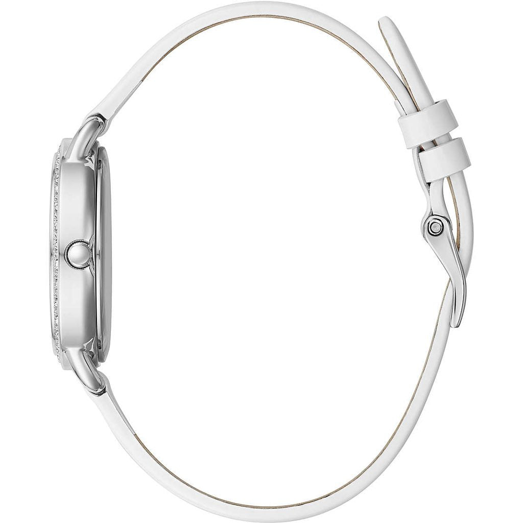 Side view of GUESS Mod. GW0099L1 silver 925° quartz analog lady's necklace with official packaging, water-resistant to 5 ATM, 30mm case.