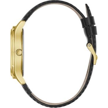 Side view of GUESS Mod. GW0299L2 Quartz Analog watch with gold case and black leather strap, made of Silver 925°.