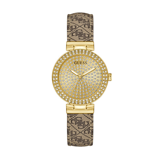 GUESS Mod. IVY 32 gold watch with patterned strap and crystal-embellished face, luxury designer timepiece