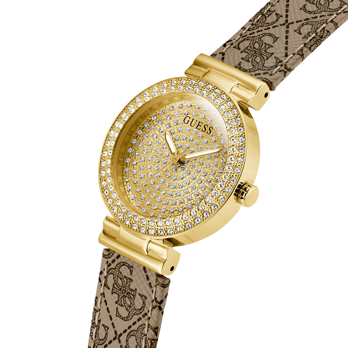 GUESS Mod. IVY 32 gold watch with crystal accents and patterned leather strap