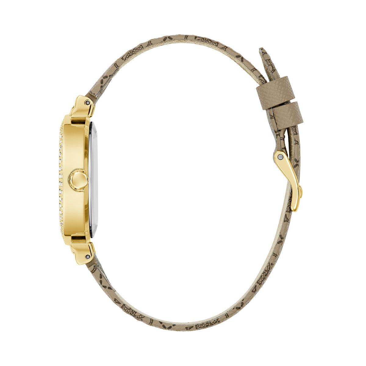 Side view of GUESS Mod. IVY 32 watch with gold case and patterned leather strap.