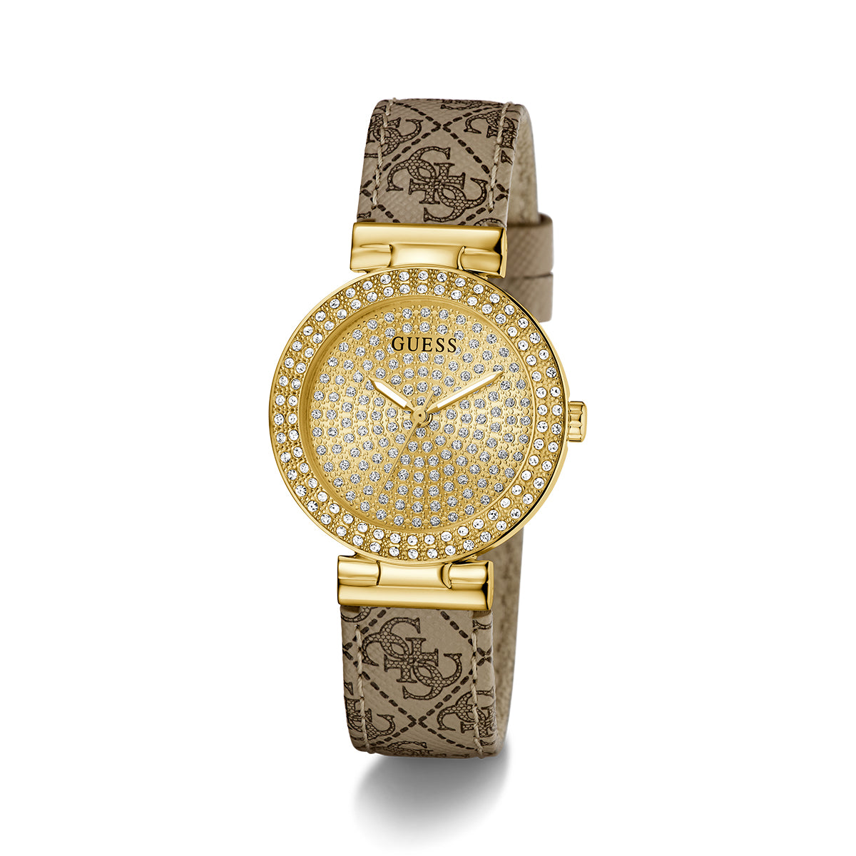 GUESS Mod. IVY 32 luxury gold-tone watch with crystal detailing and patterned leather strap