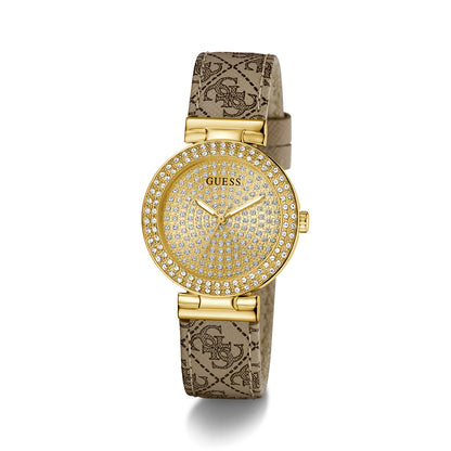 GUESS Mod. IVY 32 luxury gold-tone watch with crystal detailing and patterned leather strap