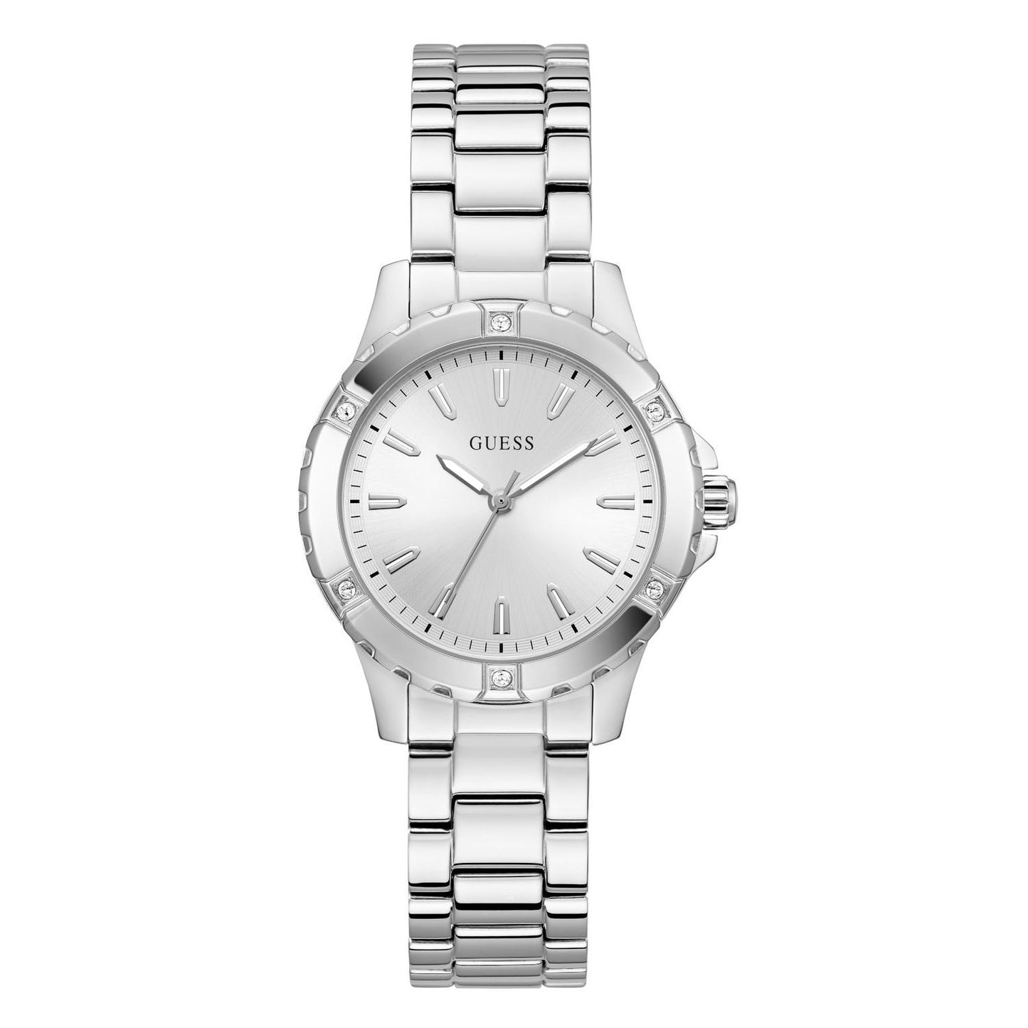GUESS Mod. MIST silver wristwatch with stainless steel bracelet and white dial.