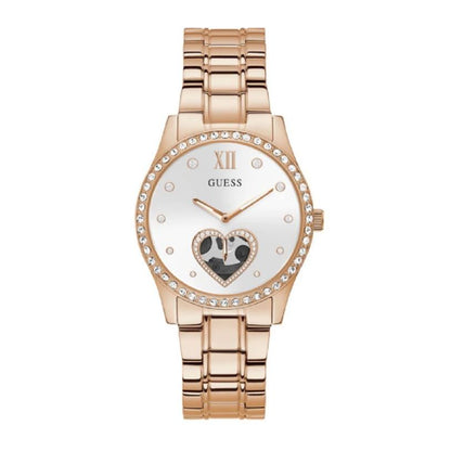 Rose gold analog watch with heart design on dial from GUESS Mod. GW0380L3, quartz movement, 38mm case, mineral dial, 5 ATM water resistance.