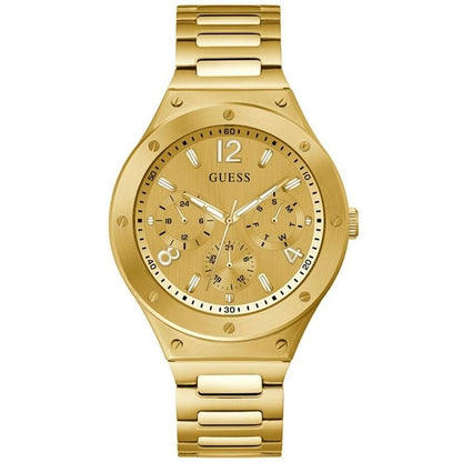 Gold dress watch with analog quartz movement and mineral dial, designed for men. GUESS Mod. GW0454G2, with 44mm case, water resistant.
