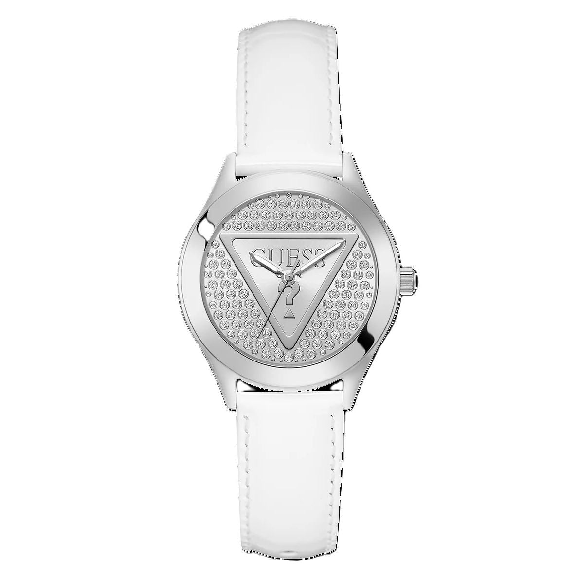 GUESS Mod. GLITZ PLAQUE ladies wristwatch with stainless steel case, leather strap, quartz movement, and 3 ATM water resistance.