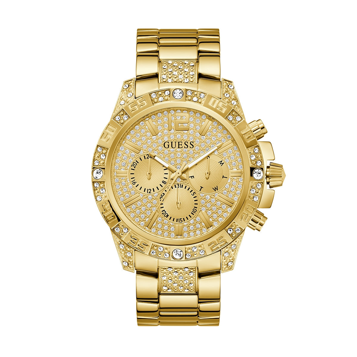 Luxury GUESS Mod. MAJESTIC gold watch with crystal embellishments, featuring a stainless steel band and chronograph features.