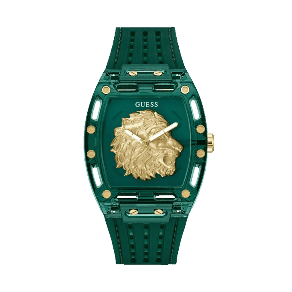 GUESS Mod. PHOENIX watch with gold lion design on emerald green band
