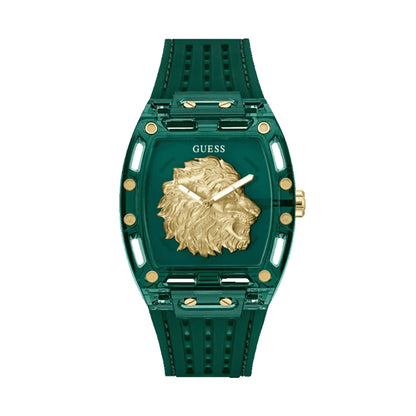 GUESS Mod. PHOENIX watch with gold lion design on emerald green band