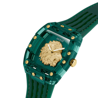 Luxurious GUESS Mod. PHOENIX watch with a green band and detailed lion emblem, featuring gold accents and a bold design.