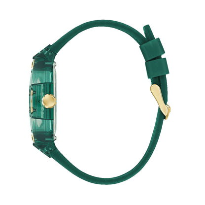 Side view of GUESS Mod. PHOENIX watch with green strap and gold accents, showcasing sleek design and elegant style.
