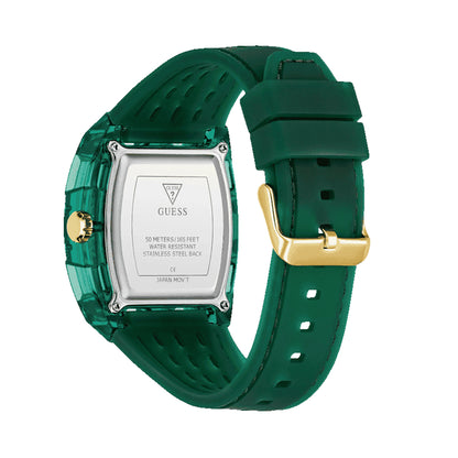 Green GUESS Mod. PHOENIX watch with gold details, stainless steel back, water resistant up to 50 meters.