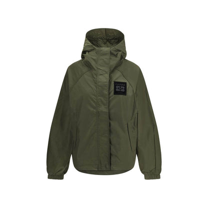 Ganni Green Nylon Shell Jacket with hood and front zipper, featuring side pockets and GANNI logo patch on chest, waterproof for AW25 season.