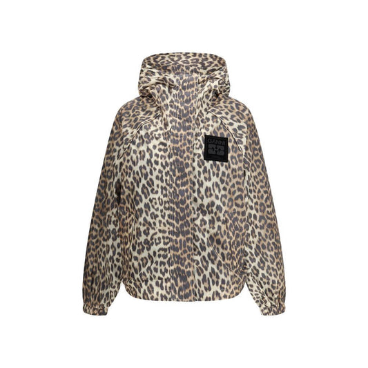 Ganni Multicolor Nylon Rain Coat with leopard print, featuring front zipper, hood, and GANNI logo patch, perfect for stylish rainy days.