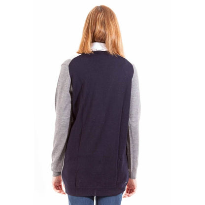 Back view of a Gant Gray Wool Sweater worn by a model, featuring long sleeves, buttons, two pockets, and a logo emblem.