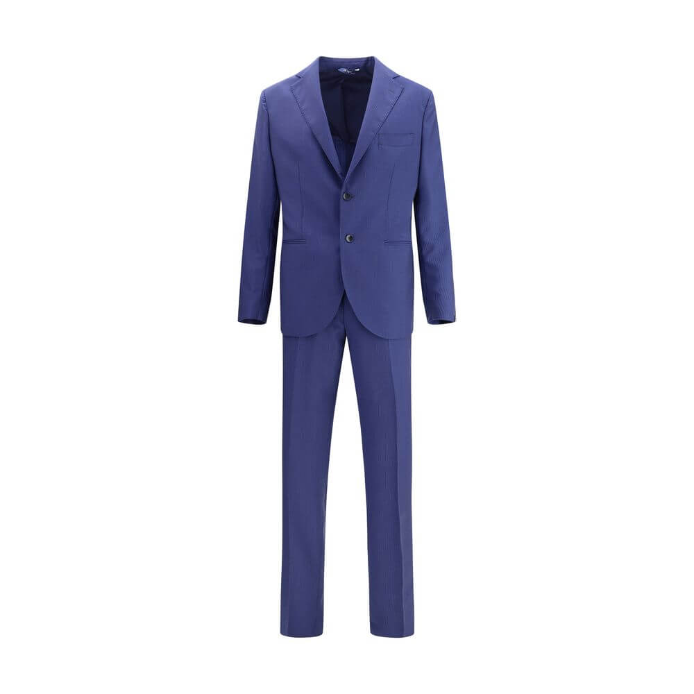 Gi Capri Blue Fleece Wool Suits And Blazer with single-breasted jacket and classic pants, in elegant mélange pattern.