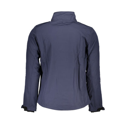 Gianmarco Venturi Blue Polyester Jackets & Coat, back view showing long sleeve soft shell with zip and contrast details.