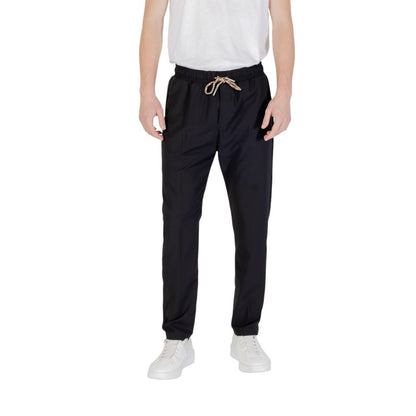 Gianni Lupo Black Polyester Casual Pants with elastic waistband and drawstring, featuring a modern low-crotch design for men.