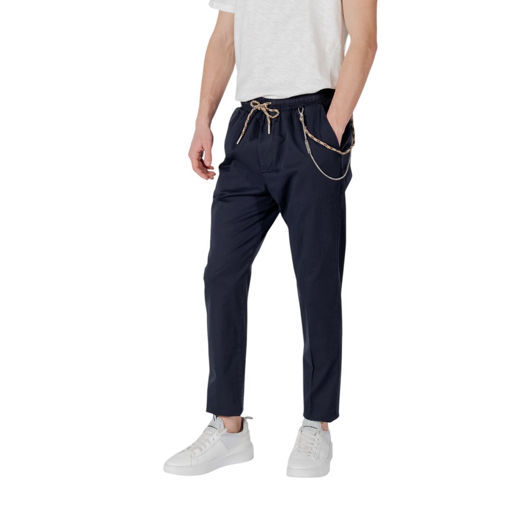 Gianni Lupo Blue Cotton Casual Pants with elastic waistband and drawstring, low-crotch style, perfect for urban fashion.