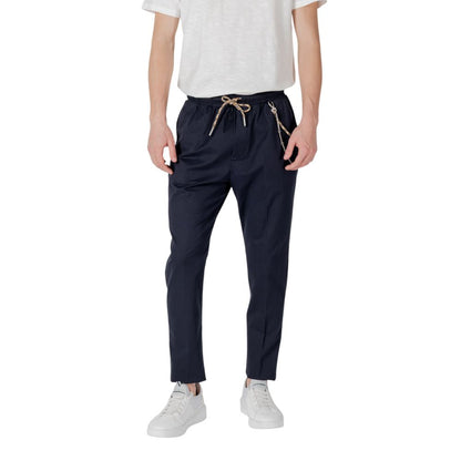 Gianni Lupo Blue Cotton Casual Pants with elastic waistband and ankle-length cut, perfect for modern urban style and comfort.