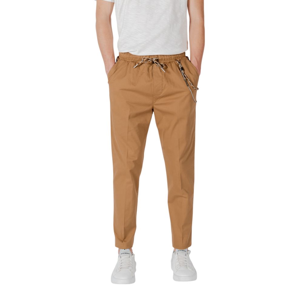 Gianni Lupo Brown Cotton Casual Pants with elastic waistband and drawstring, modern ankle-length design, perfect for urban style.