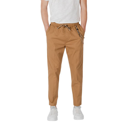 Gianni Lupo Brown Cotton Casual Pants with elastic waistband and drawstring, modern ankle-length design, perfect for urban style.