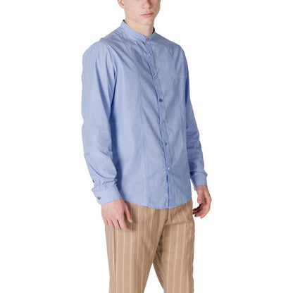 Gianni Lupo Light Blue Cotton Shirt on model showcasing elegant long-sleeve design perfect for men.