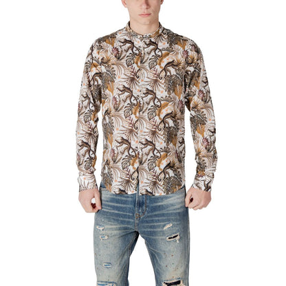 Gianni Lupo White Cotton Pattern Shirt with botanical and animal motifs, men's fashion long-sleeved shirt on model