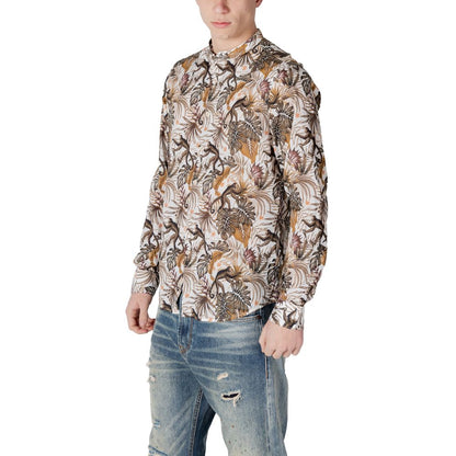 Man wearing Gianni Lupo White Cotton Pattern Shirt with botanical and animal motifs