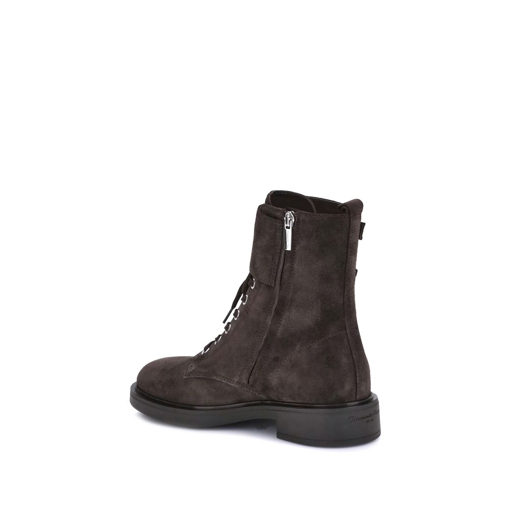 Gianvito Rossi Black Calf Leather Bos Taurus Lace-Up Boots with side zipper and block heel, perfect for stylish and functional wear.