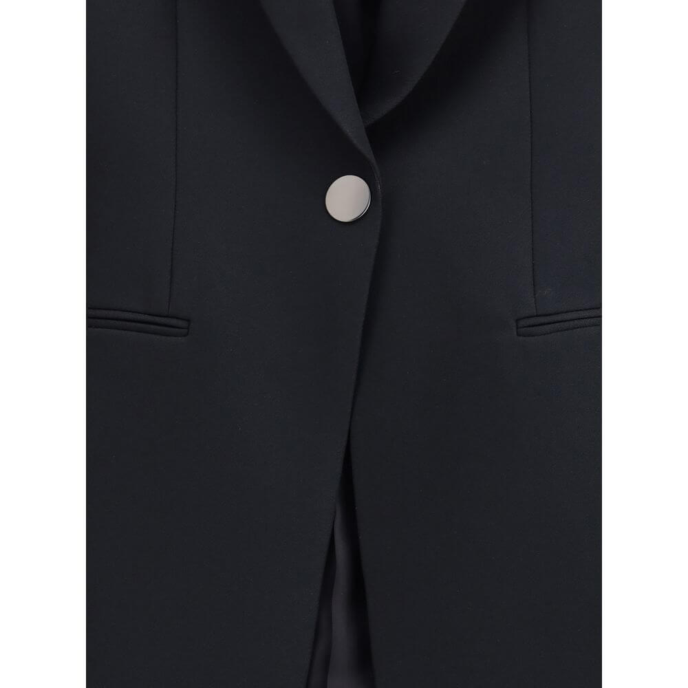 Giorgio Armani Black Polyester Blazer with single button closure, notched lapels, and welt pockets for a timeless, elegant look.