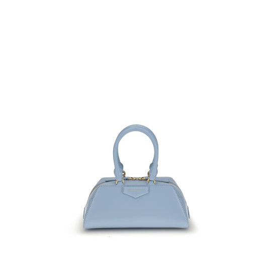 Givenchy Light Blue Calf Leather Bos Taurus Handbag with gold accents and adjustable shoulder strap on a white background.