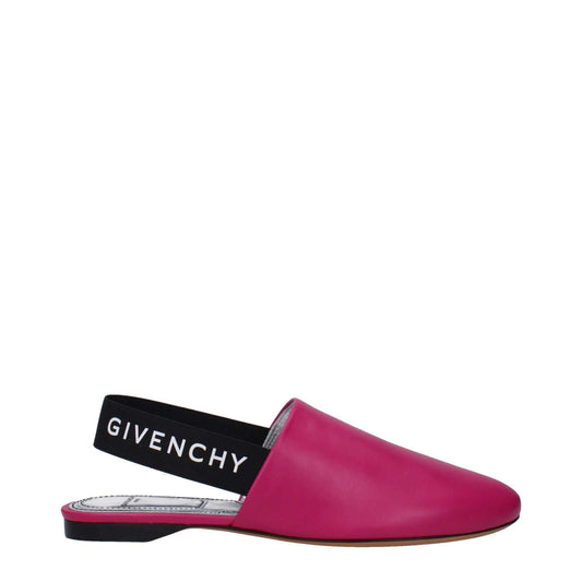Givenchy Pink Leather Sandals with black side and back logo, round toe, and low flat heel, made of leather in fuchsia with cyclamen accents.