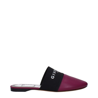 Givenchy Purple Leather Slippers featuring front logo on dark orchid round toe, low flat heel, and leather sole for casual style.