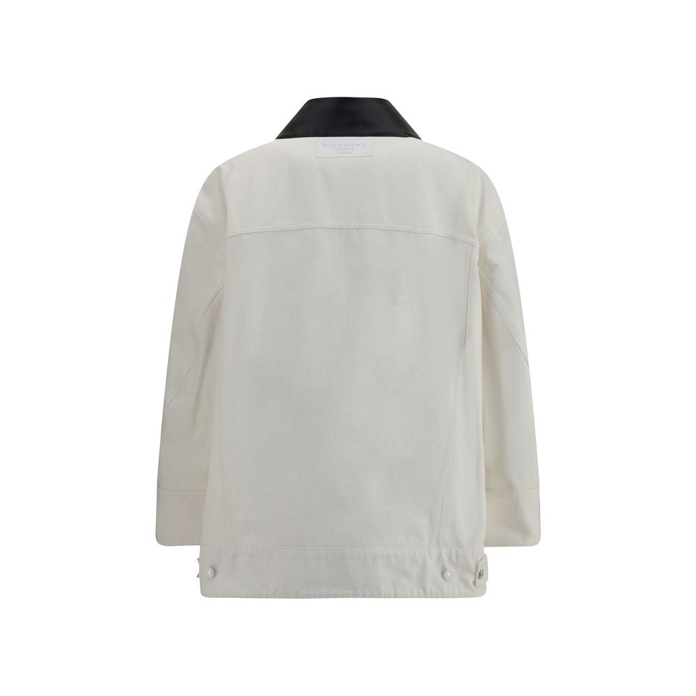 Givenchy White Cotton Denim Jacket with black leather collar, logo applique, and oversized silhouette, back view.