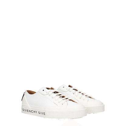 Givenchy White Leather Low Top Sneakers with logos on front, side, back; sporty glam style, lace-up closure, round toe, rubber sole, optic white.