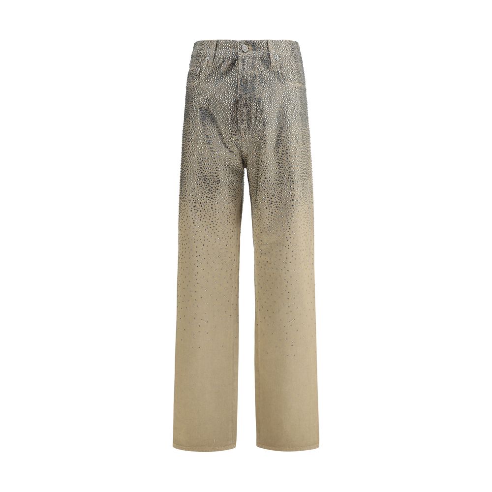 Golden Goose Bicolor Cotton Straight-Leg Jeans with rhinestones, five-pocket style, and zip closure.
