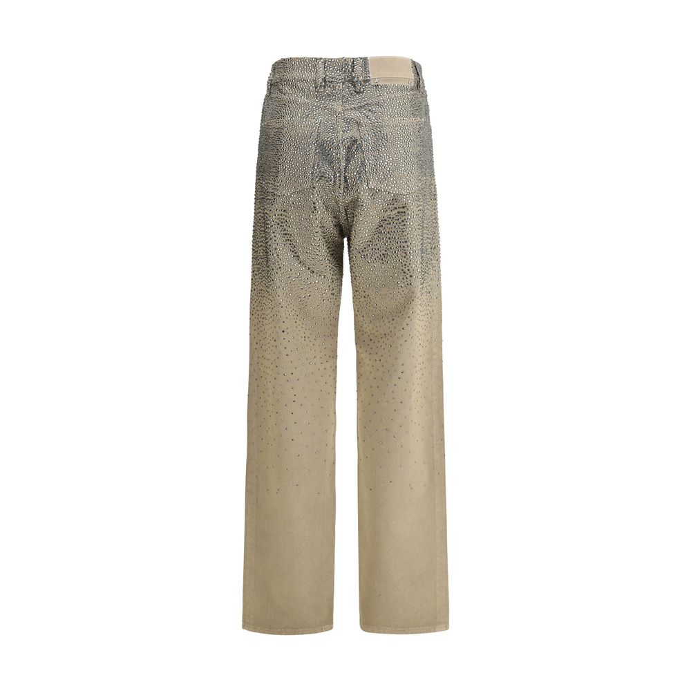Golden Goose Bicolor Cotton Straight-Leg Jeans with rhinestones, back view showcasing five-pocket style and belt loops.