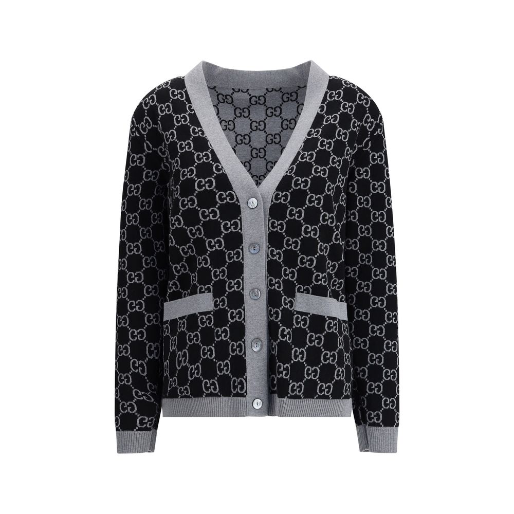 Gucci Black Wool Cardigan with GG Supreme pattern, reversible design, V-neckline, and front pockets for versatile styling.