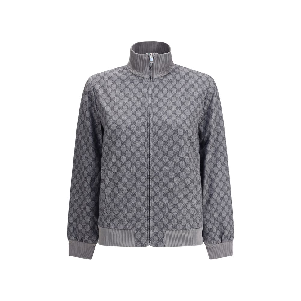 Gucci Gray Polyester Sweatshirt featuring front zipper, high ribbed neck, and iconic GG motif, showcasing sporty sophistication.